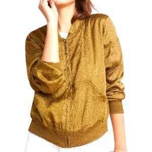 Jacquard Satin Bomber Jacket Gold/Olive Size SP Petite Maeve by Anthropologie
